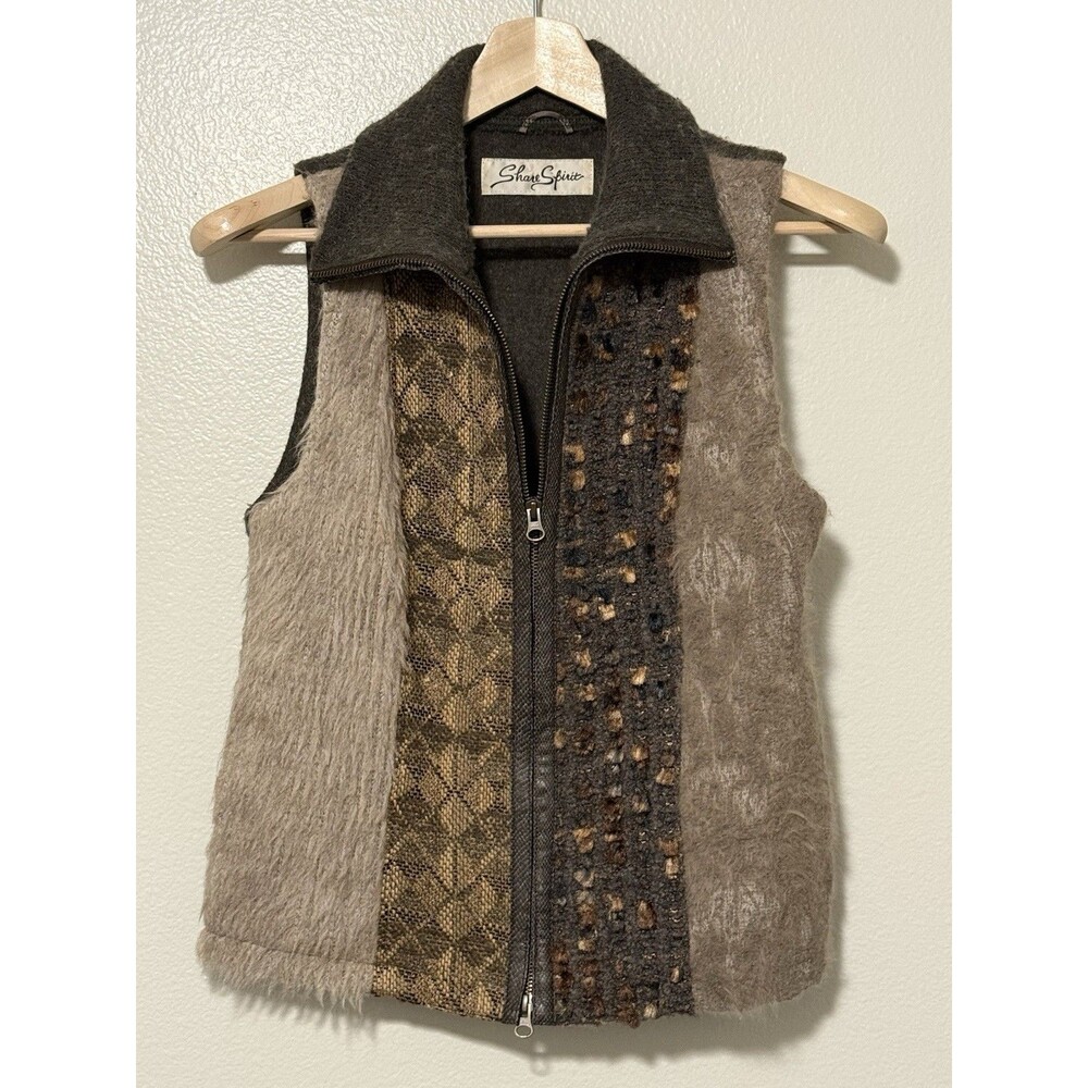 Share Spirit Women’s Mixed Media Zip Vest Brown Sz 40 Boho Rustic Grunge Artsy